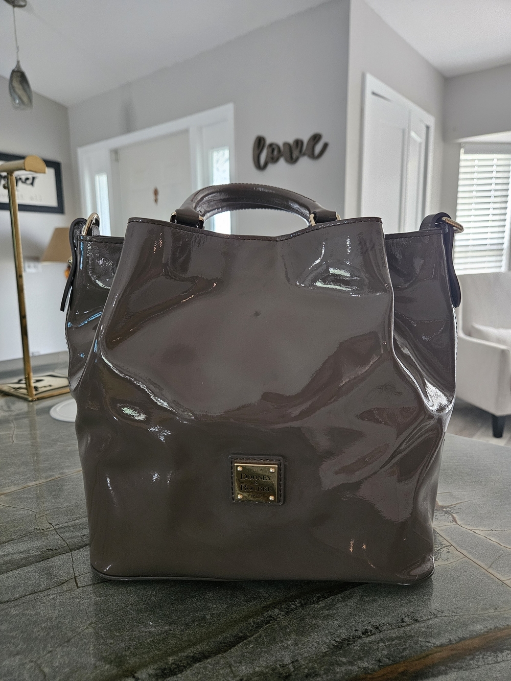 Dooney & Bourke Barlow Taupe Patent Leather Satchel Crossbody Bag
